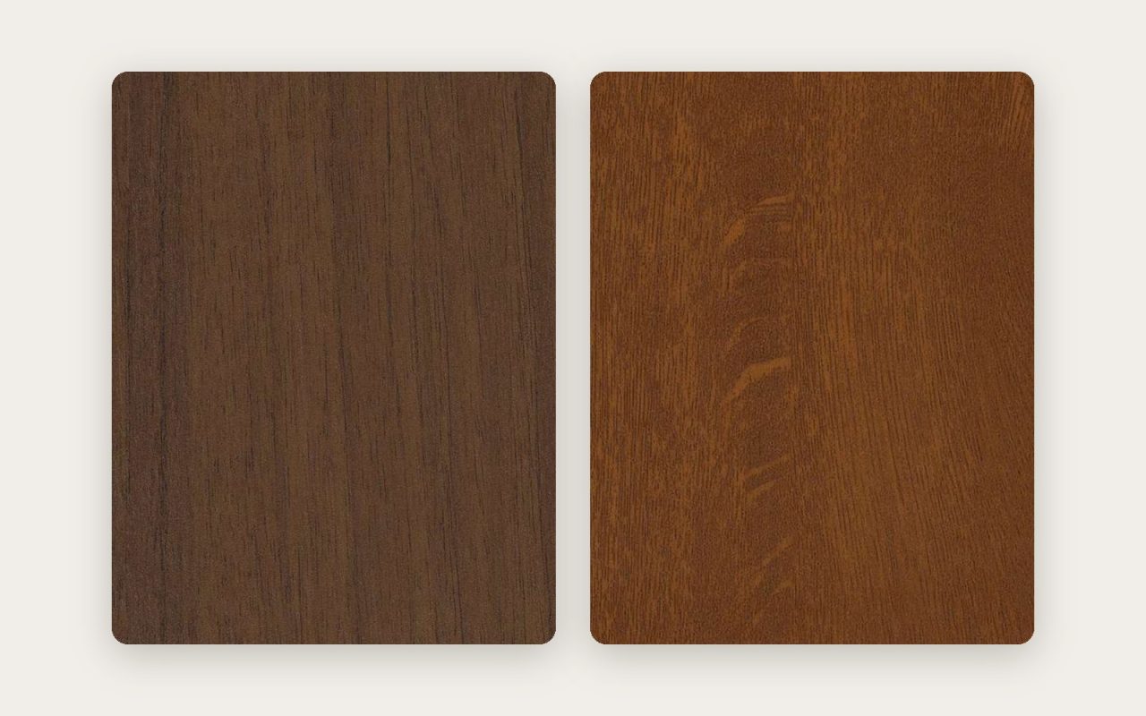 Walnut and oak PVC foil surfaces side by side