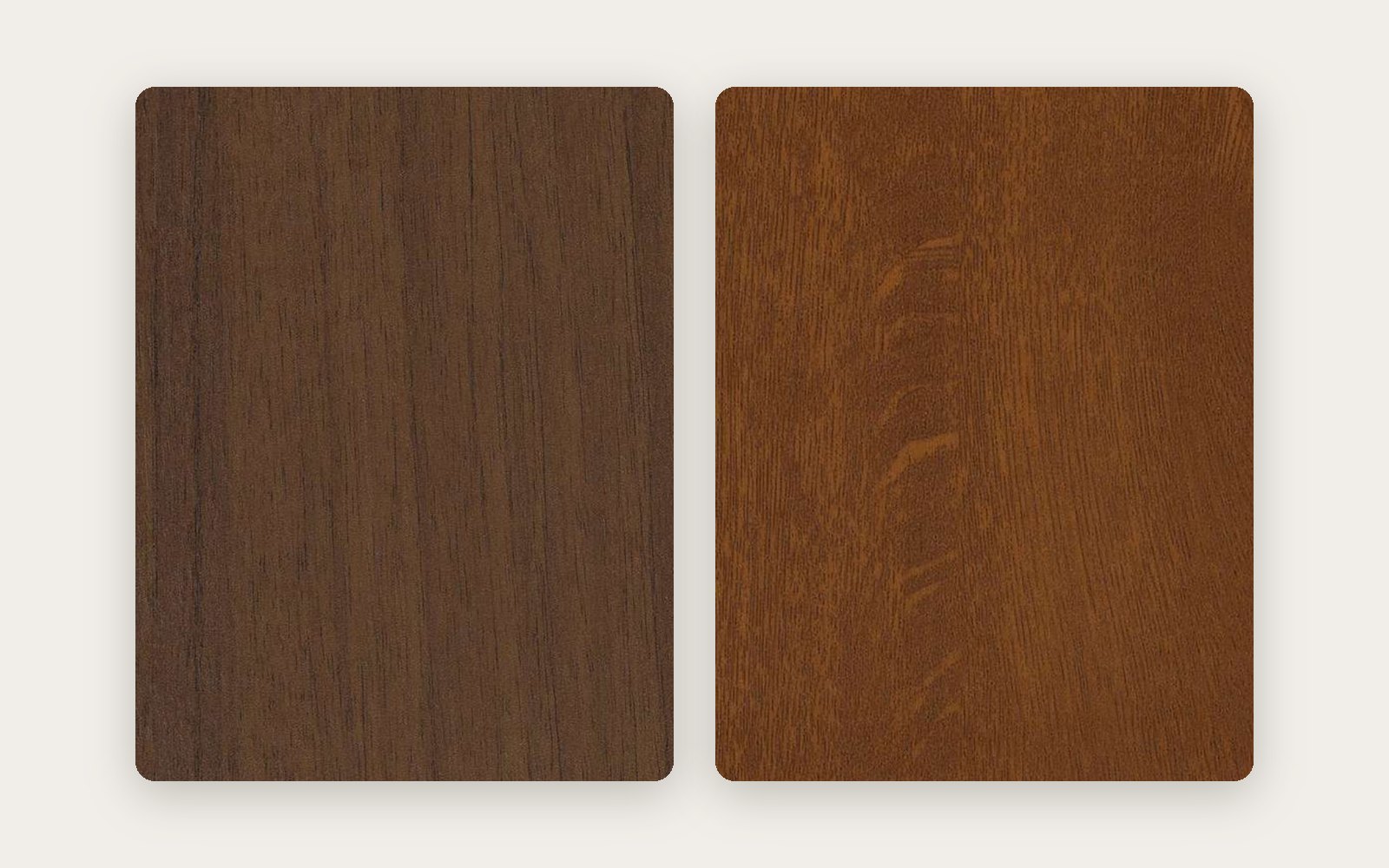 Walnut and oak PVC foil surfaces side by side