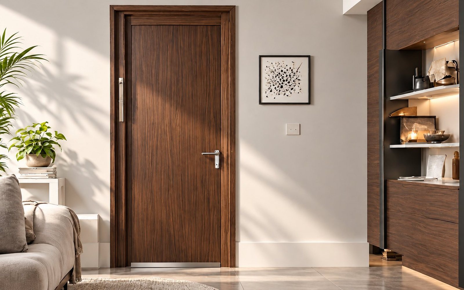 Walnut-pattern interior door wrapped in PVC foil