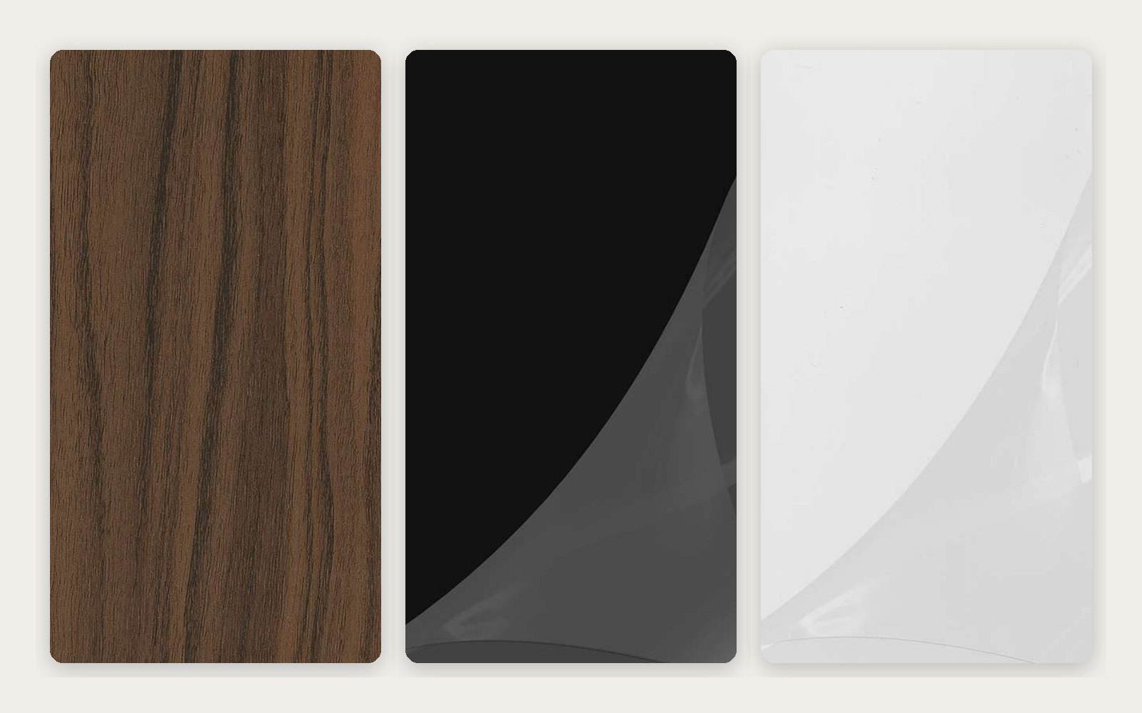 Walnut-pattern, gloss black and satin white PVC foil surface samples